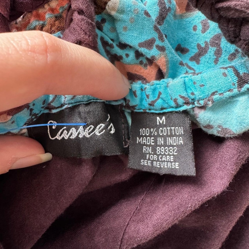 Cassees Boho Floral Midi Dress Teal Brown Smocked Waist Y2K 2000s Cotton Medium - Picture 6 of 6